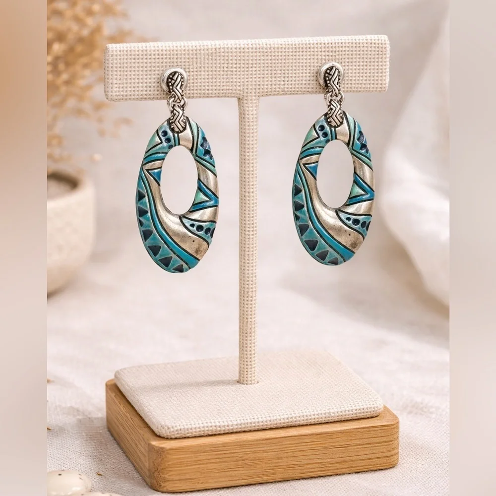 Southwestern Enamel Oval Drop Earrings Silver Tone Tribal Design Artisan Jewelry